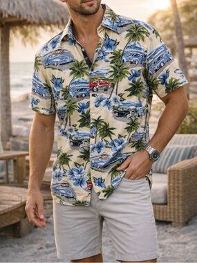 Men's Hawaiian Short Sleeve Shirt - Vintage Car & Palm Print, Beige Blue